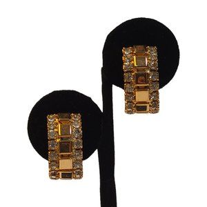 Vintage 1960s Gold & Clear CZ Huggie Clip-On Curved Earrings - Excellent - Glam!